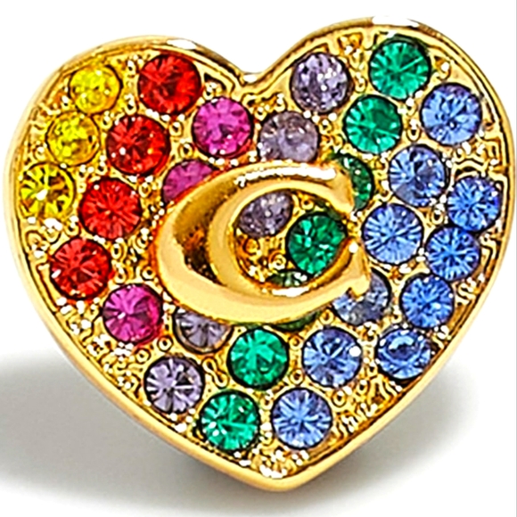 NWT NWB Coach Heart Earrings Paved Rainbow Heart Gold Multicolor Rainbow Sparkle - Picture 2 of 13